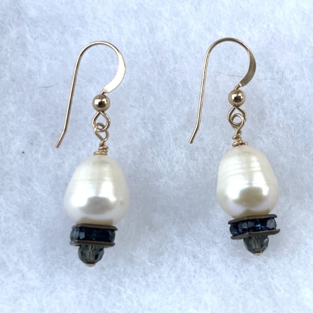 9mm Pearl Drop/Dangle Gold Vermeil Earrings w/ blue stones